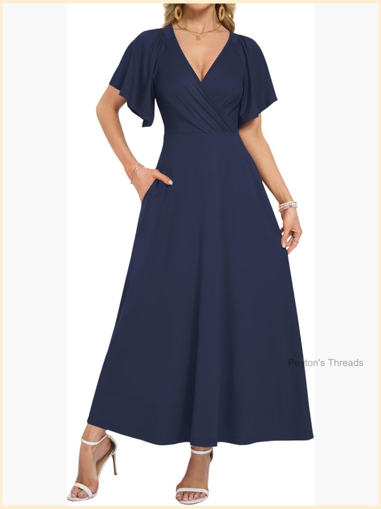 Maxi Dress Deep V Neck Ruffle Sleeve Wrap With Pockets